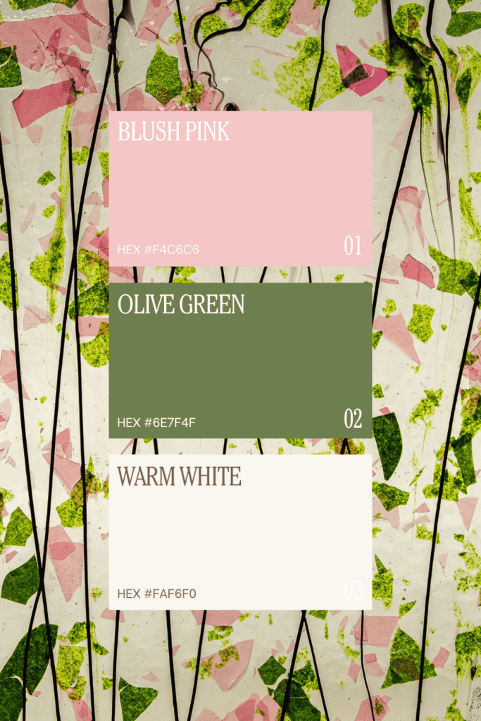 What Colors Go with Pink - check out this blush pink, olive green and warm white color palette