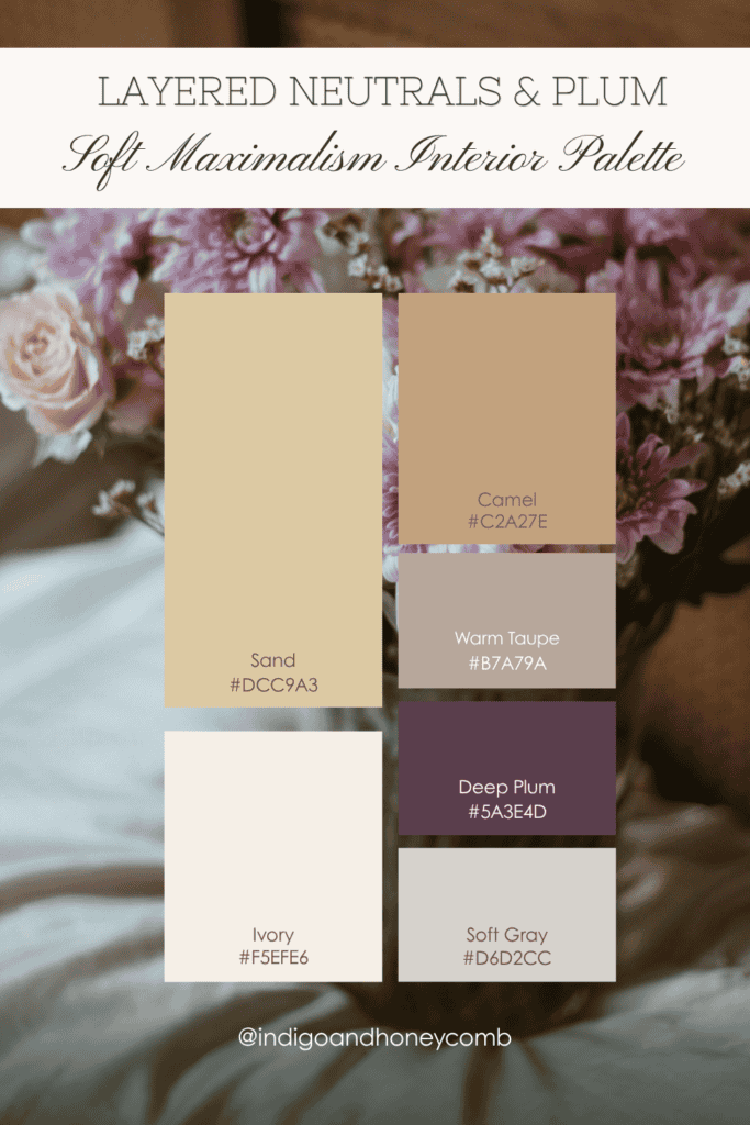 soft maximalism interiors - layered neutrals and plum