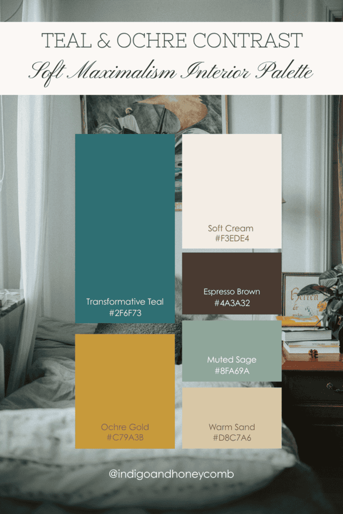 soft maximalism interiors - teal and ochre contrast