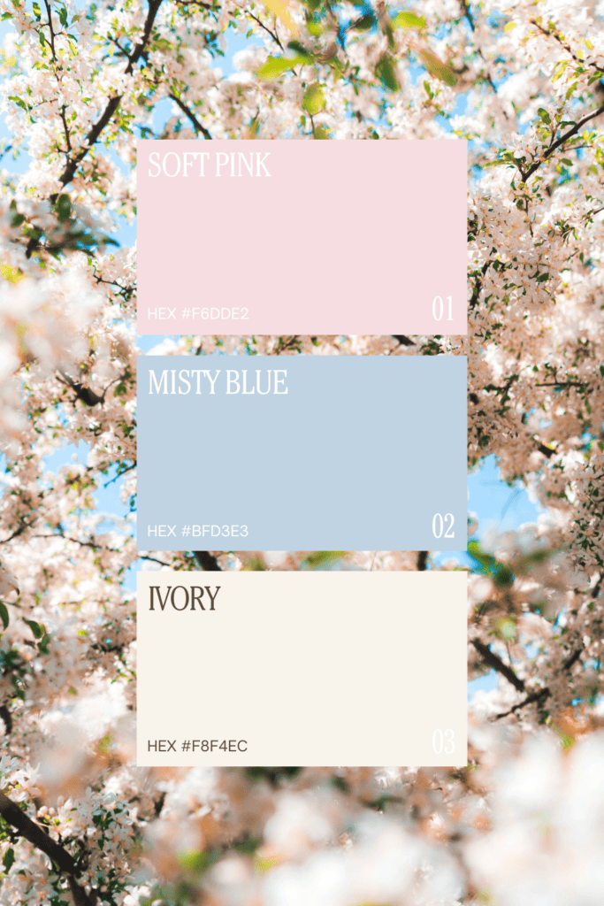 What colors go with pink - here's a soft pink, misty blue and ivory color palette